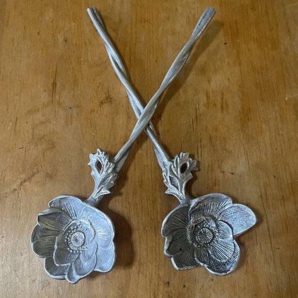 peonies Silver Cast Aluminum Long Handled Serving Utensils Set Of 2